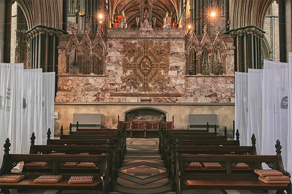 Wide shot of church altar