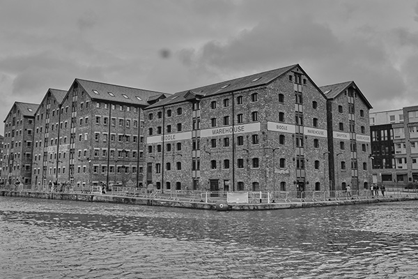 Black and White photo of Building across River